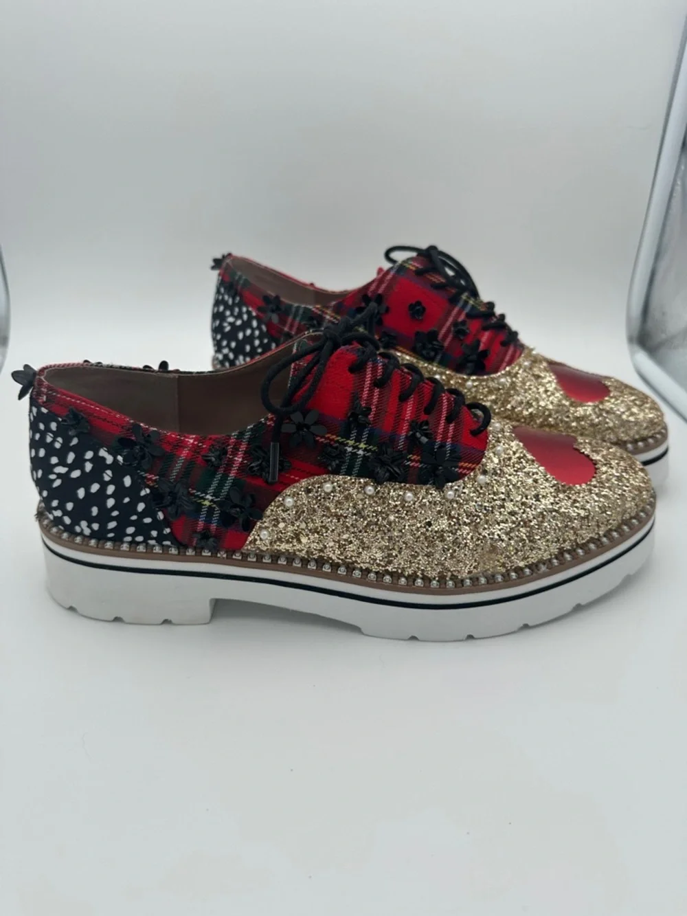 Betsy Johnson Skyyla Lace Up Plarform Oxfords Size 10 Shoes Unique Sparkly Plaid - Picture 3 of 16